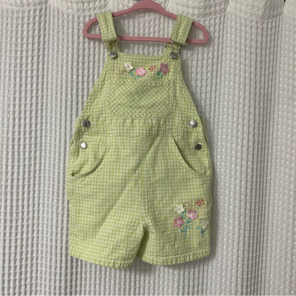 Disney Kids Light Green Gingham Kids Overalls with Floral Embroidery